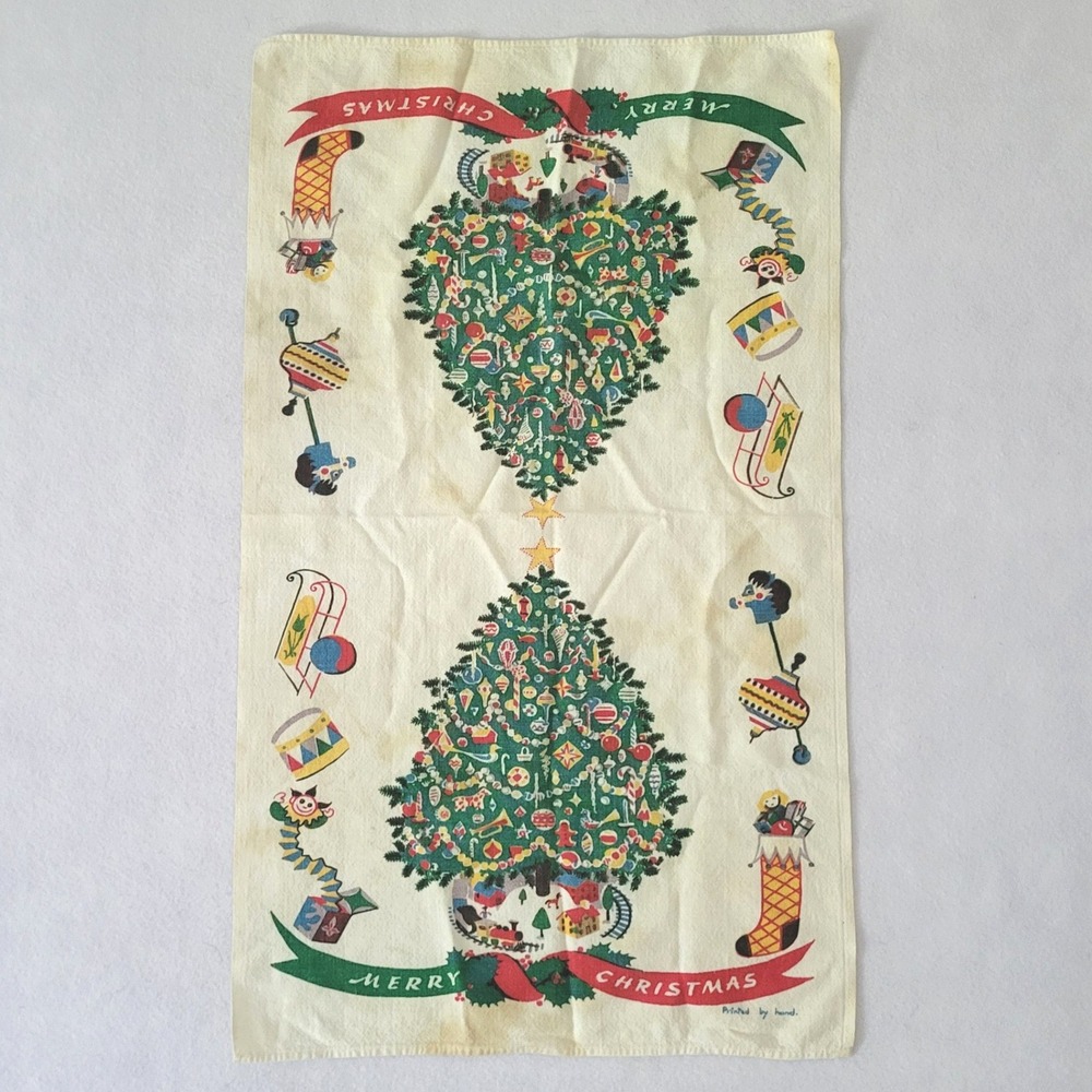 Vintage Hand Printed Linen Christmas Tea Towel Mid Century Retro Holiday Decor